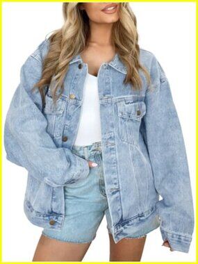 Oversized Boyfriend Denim Jacket with Pockets, Distressed, Button Front